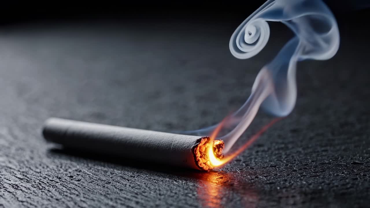Close-up, low-angle shot of a lit cigarette on a textured surface, with smoke swirling upward