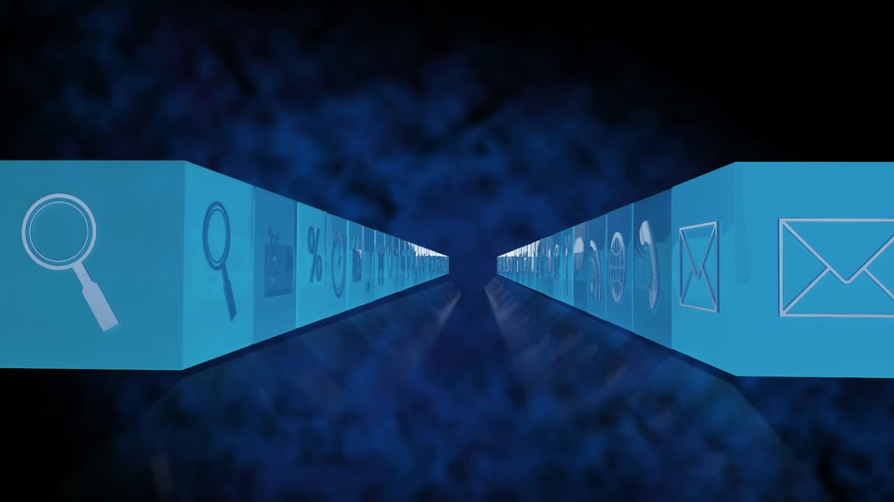 Animazione di icone multimediali su sfondo nero.