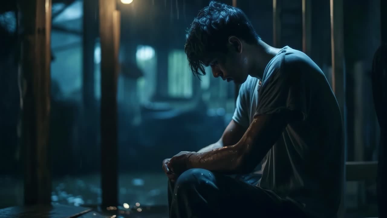 Moody video scene with a side profile of a man sitting in the rain, dimly lit by a bulb