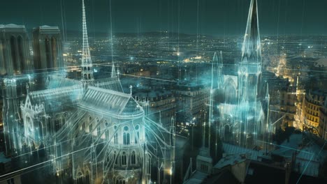 digital rendering of notre dame cathedral and paris cityscape