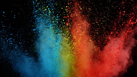 super slow motion of colored powder explosion isolated on dark background.