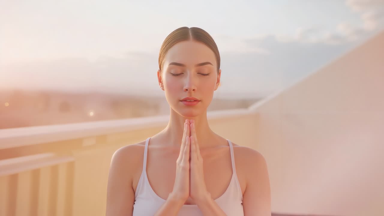 Sunrise light inspiring yoga woman wearing tank top joining palms for calm on balcony, with railing