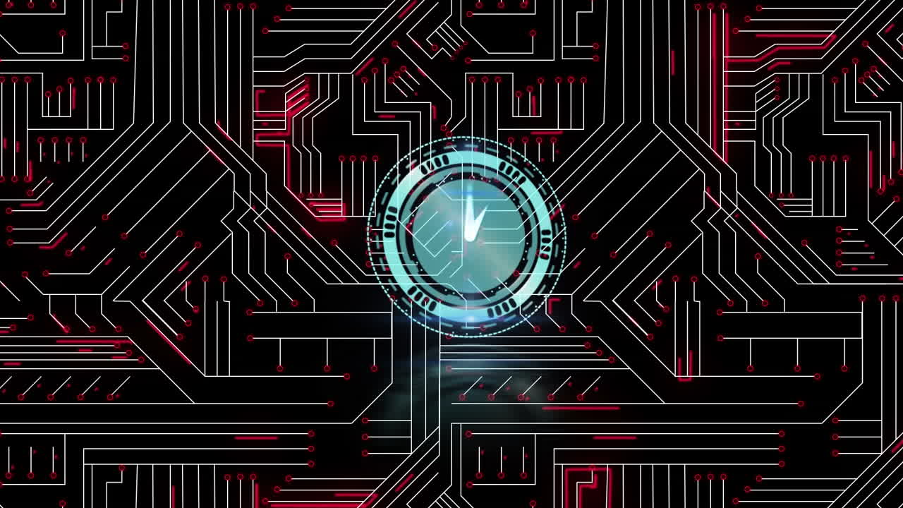 Animation of clock moving and network of connections on black background