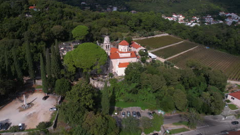 Aerial-View-of-Savina-Monastery-and-Vineyard,-Landmark-of-Herceg-Novi-Montenegro