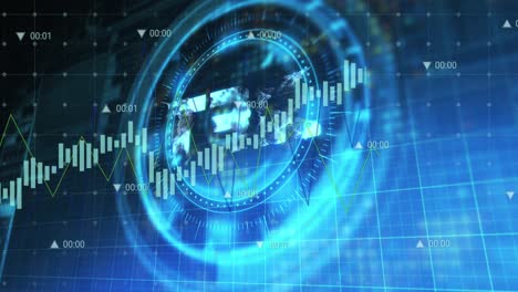 Animation-of-nft-symbol-on-rotating-safe-lock-over-financial-data-processing