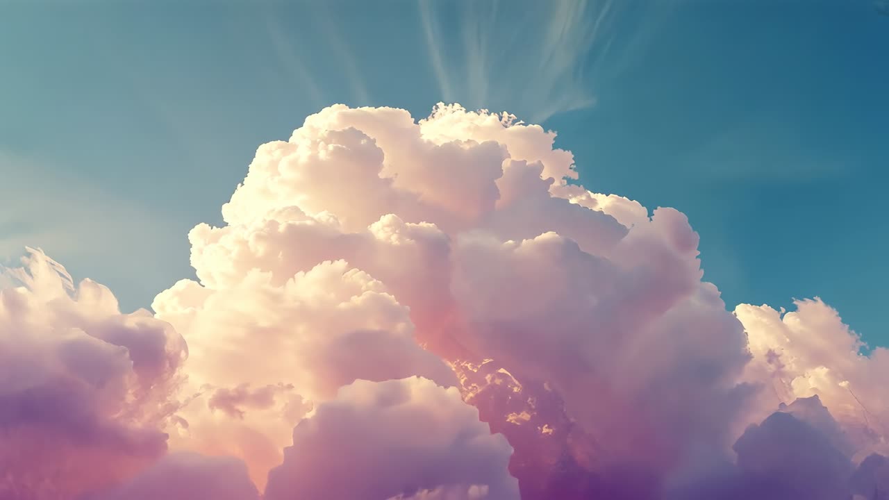 Panning camera revealing cumulus cloud in sky breathing light, showing mounds, rays, cirrus, flare