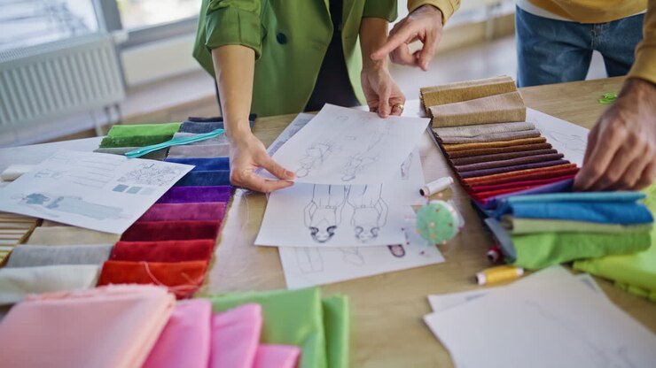 Stylists hands choosing cloth samples for fashion collection in office closeup