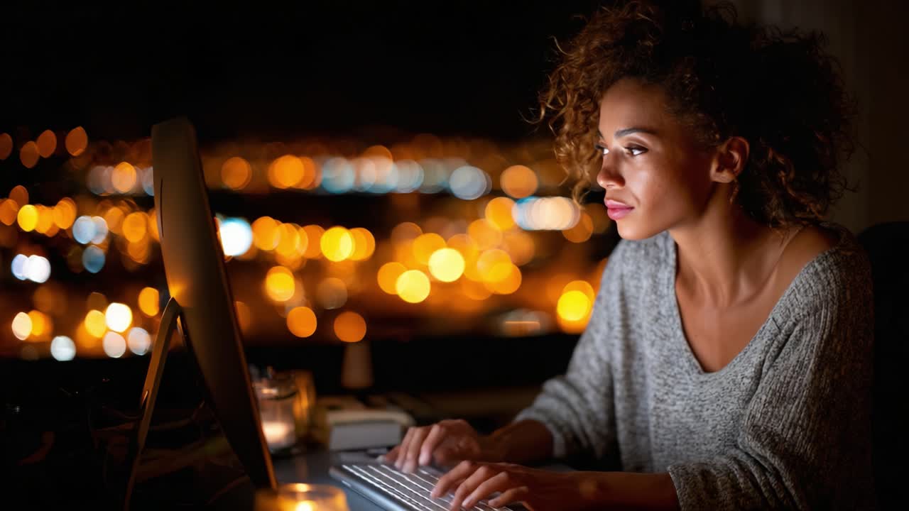 A Focused Young Woman Working Late at Night with a Computer Surrounded by Beautiful City Lights and Warm Glows from Candles