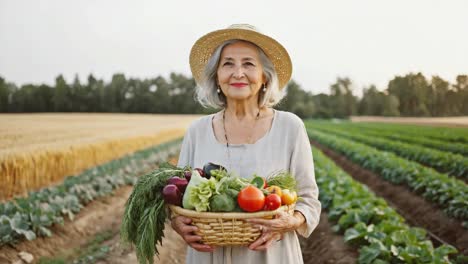 Woman with basket of vegetables in the field