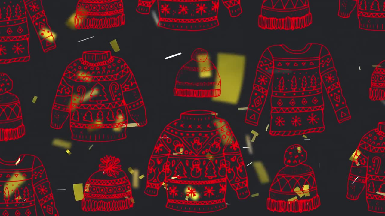 Animation of gold confetti falling over red knitted hats and jumpers, on black background