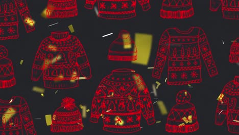 animation of gold confetti falling over red knitted hats and jumpers, on black background