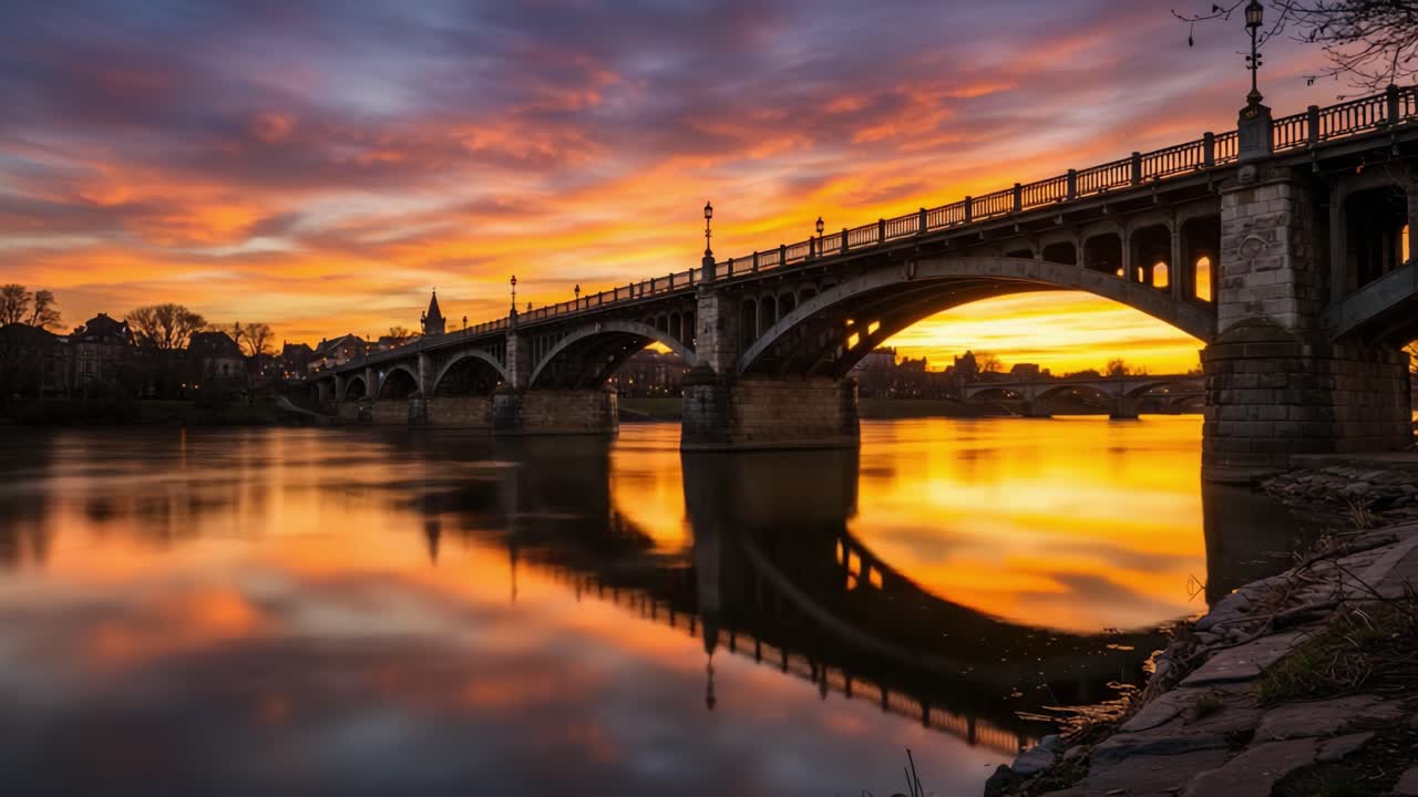 Captivating Sunset Over the Majestic Bridge: A Stunning Transformation from Vibrant Orange to Tranquil Blue, Reflected in Serene Waters
