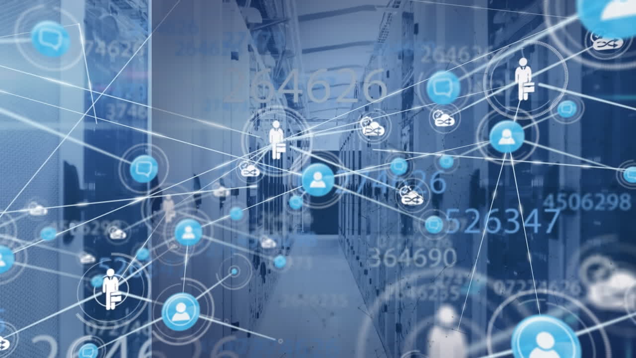 Animation of network of connections with people icons, data processing over computer servers