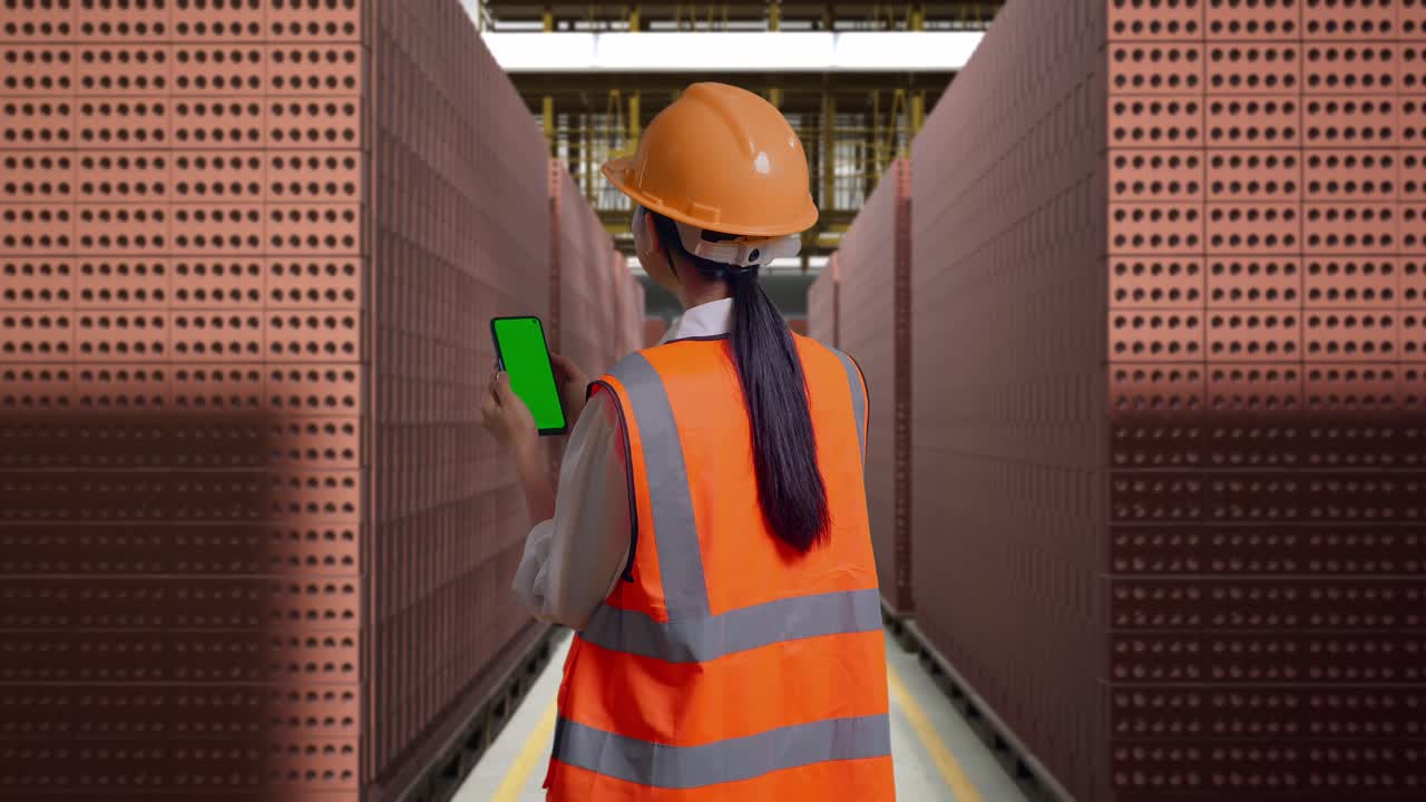 Back View Of Asian Female Engineer With Safety Helmet Working On A Green Screen Smartphone And Looking Around With Red Brick Packed in Stacks Are Stored