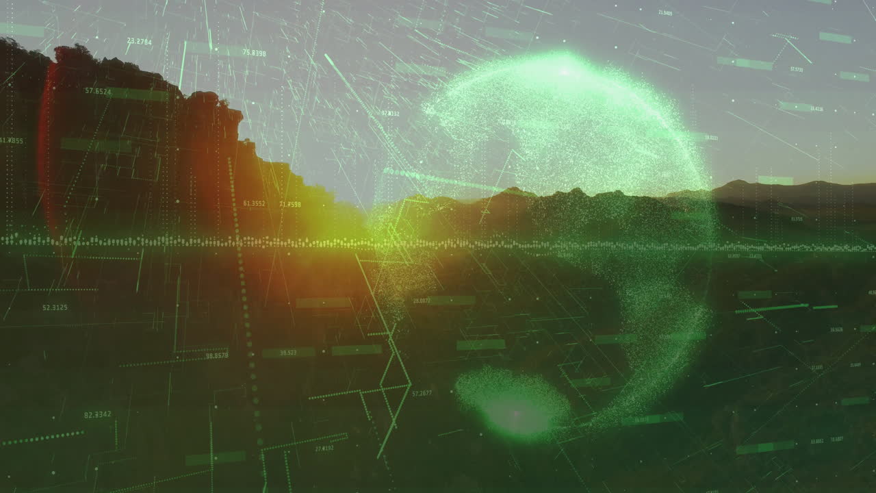 Digital globe glowing with dots over canyon plateau while data grids streaming across rocky cliffs