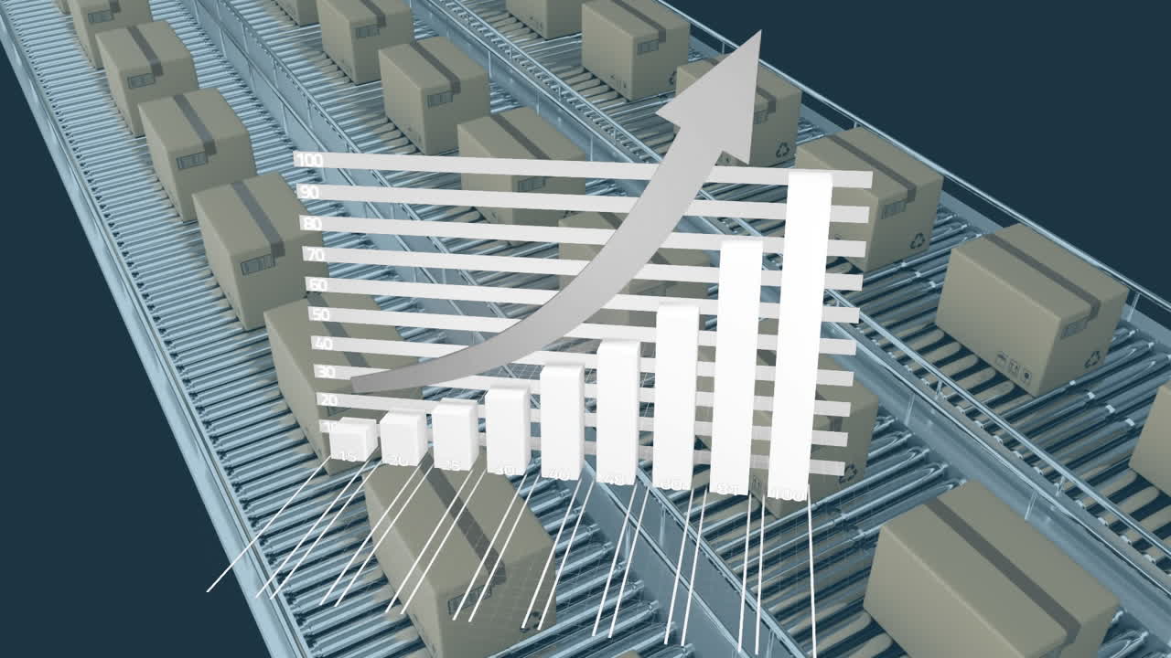 procesamiento de datos estadísticos en múltiples cajas en cinta transportadora contra un fondo azul