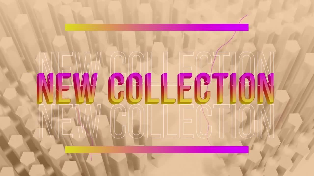 새로운 컬렉션 텍스트의 애니메이션 육각형 배경 위에