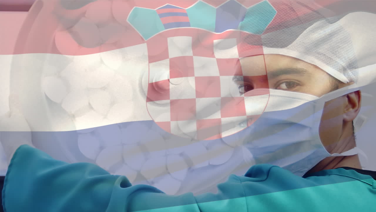병원에서 수술 마스크를 입은 두 인종의 남성 외과 의사의 초상화에 크로아티아 발을 흔드는 애니메이션