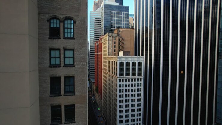 Aerial View Of Tall City Buildings Downtown Urban Scene