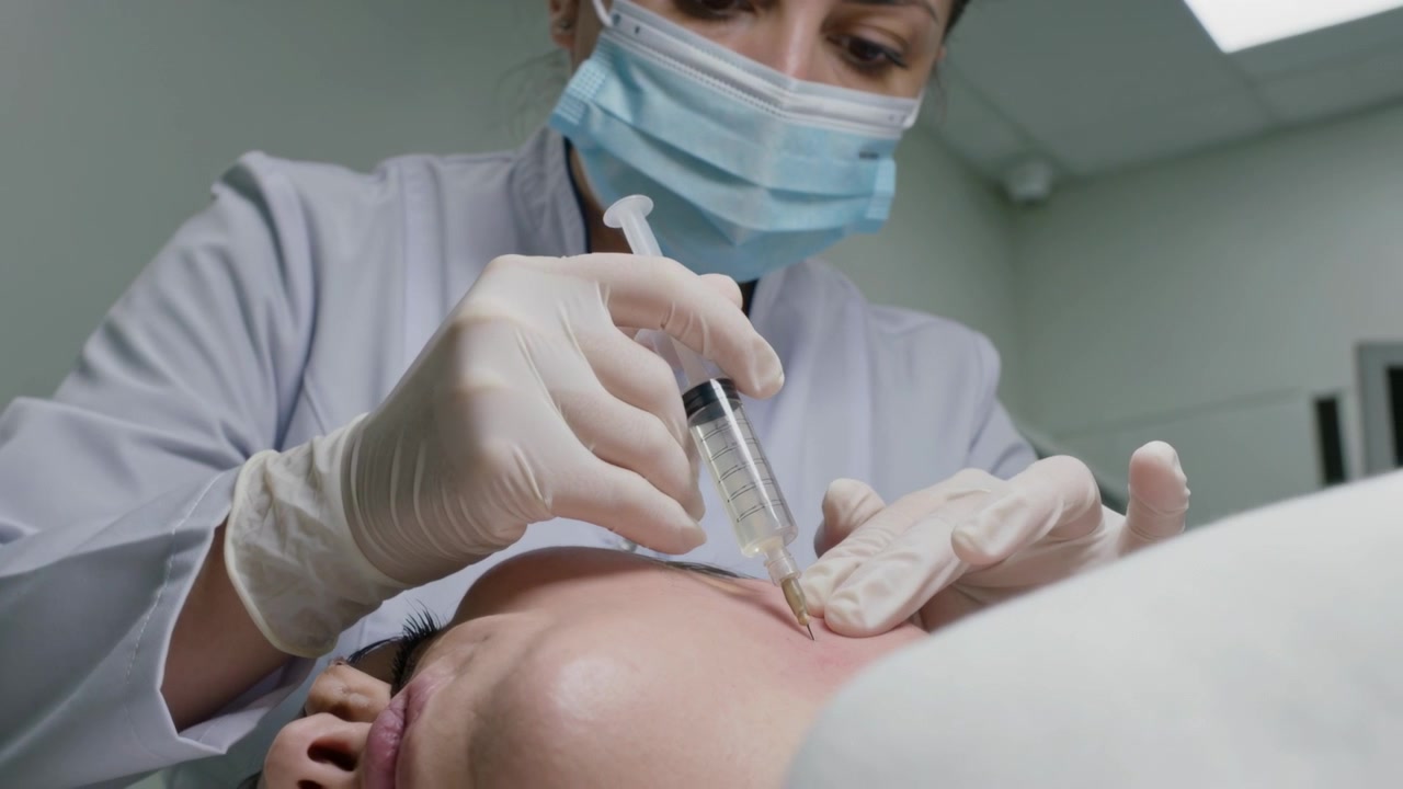Un medico mascherato e guantato inietta nel mento di un paziente supino in clinica, usando una siringa.