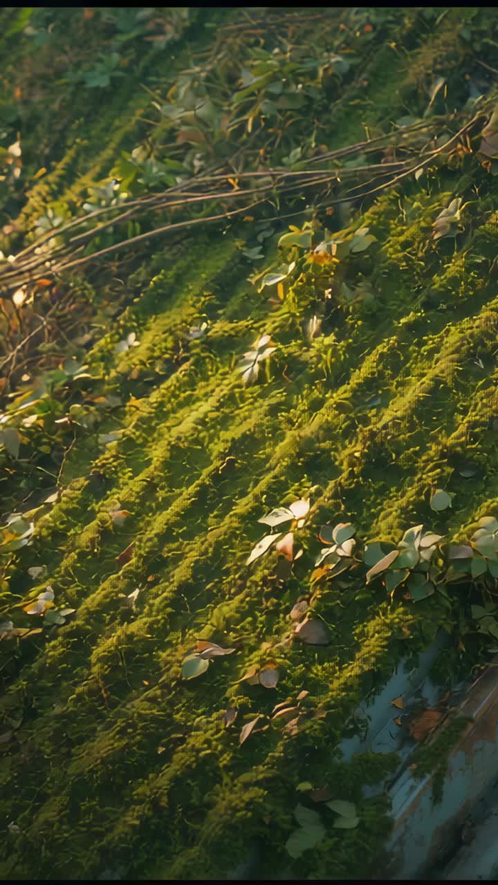 Vertical video: Panning camera revealing mossy ridged roof, sun moving, breeze moving vines, leaves