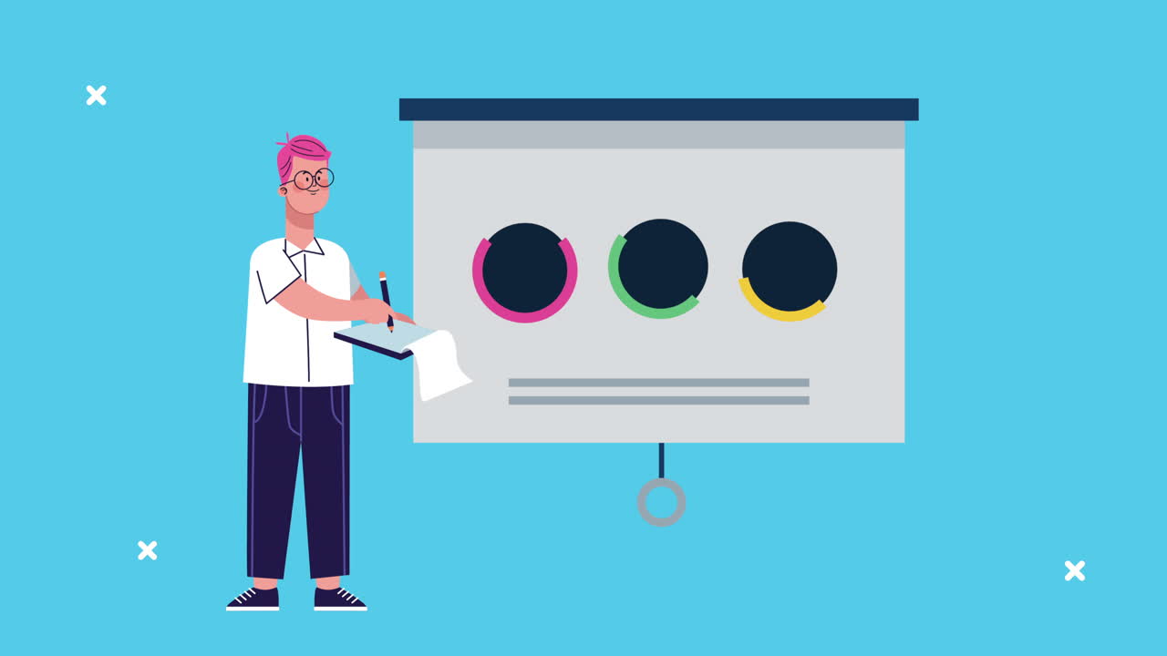 hombre de negocios escribiendo en lista de comprobación y cartón animado