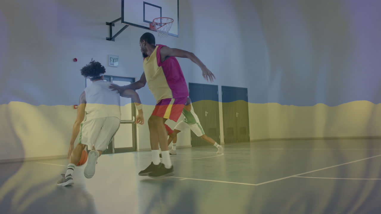 코트에서 다양한 농구 선수들에 대한 우크라이나 발의 애니메이션