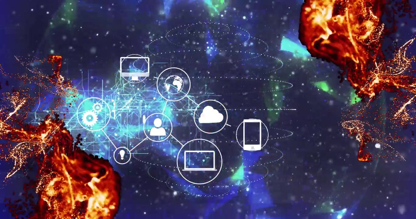 Anelli puntinati concentrici che pulsano, stimolando icone che scorrono e si connettono, visualizzando una rete cloud