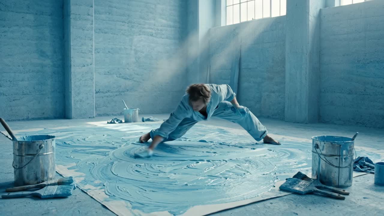 Artist Spreading Blue Paint on Canvas in a Studio