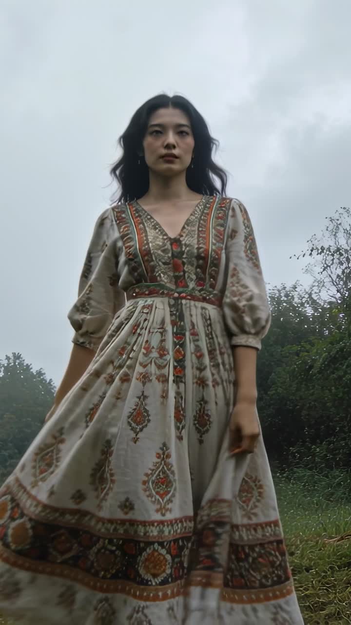 Video verticale: Donna che volteggia e si mette in posa in un prato, indossando un abito lungo boho con orecchini.