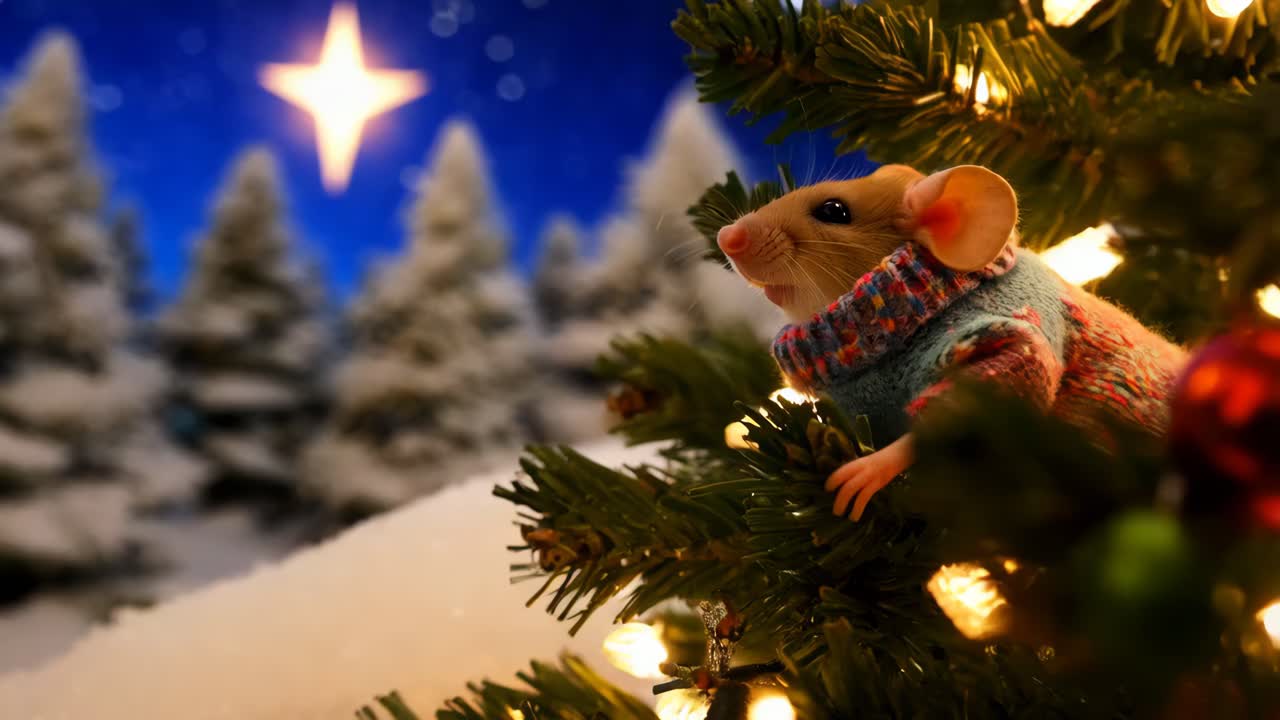 un ratón lindo en un suéter en un árbol de navidad