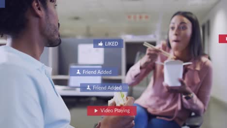 animación de iconos de los medios sobre diversas personas de negocios comiendo en la oficina.