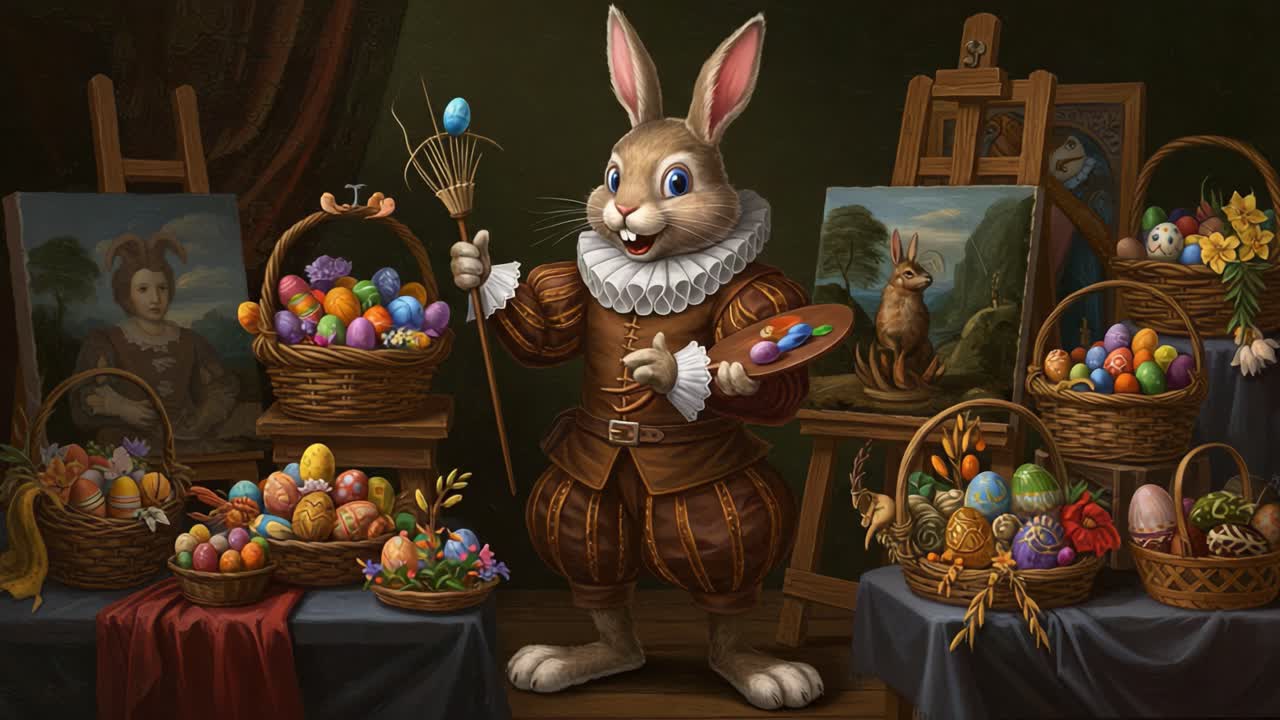 A Creative Easter Bunny Displays Colorful Eggs and Artistry Amidst Baskets Overflowing with Festive Treats, Showcasing Vibrant Colors and Whimsical Essence of Spring Celebrations