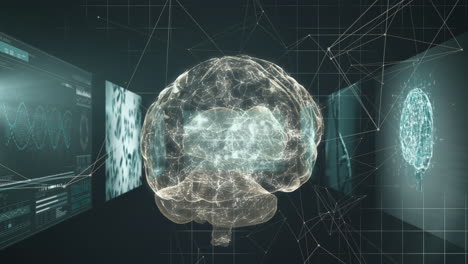 animation of digital brain and data processing on black background