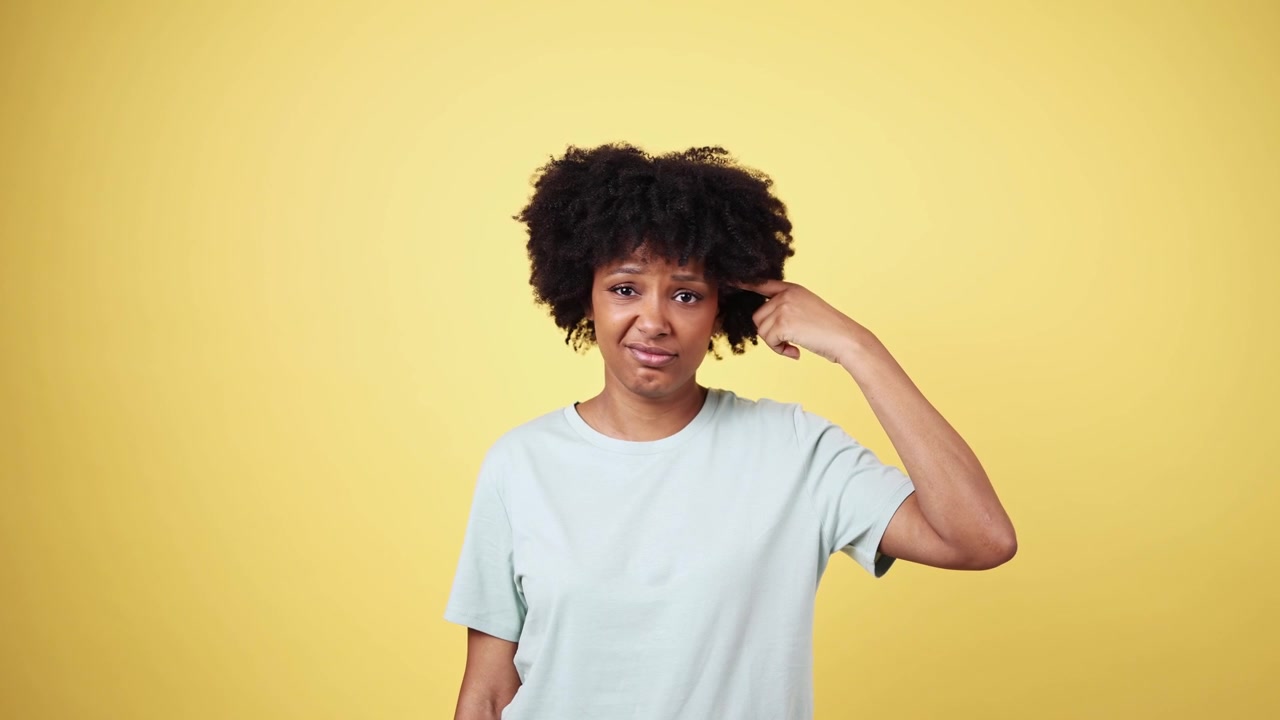 African American Woman Gesturing 'Think About It' on Yellow Background