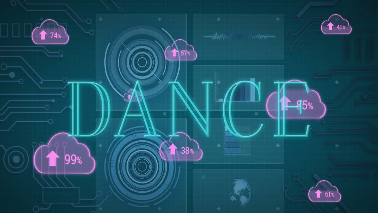 Animation af danstekst og databehandling med skyer på blå baggrund