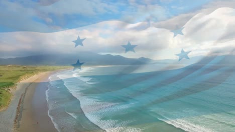 Animation-of-honduran-flag-waving-over-sunny-seaside