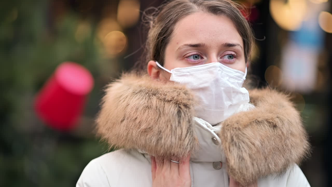 A young woman stands outside, wearing a mask and a winter coat with a fur collar. The surroundings are festive with holiday lights in the background