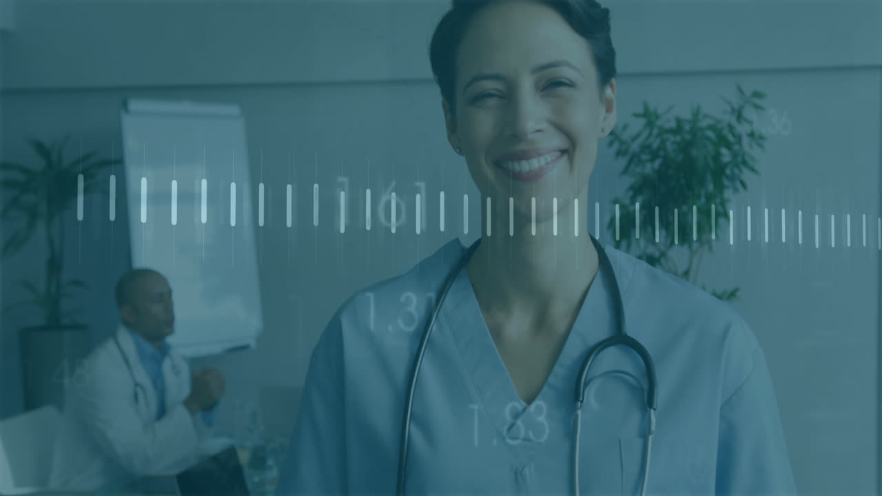 Medical data processing animation over smiling healthcare professional in hospital