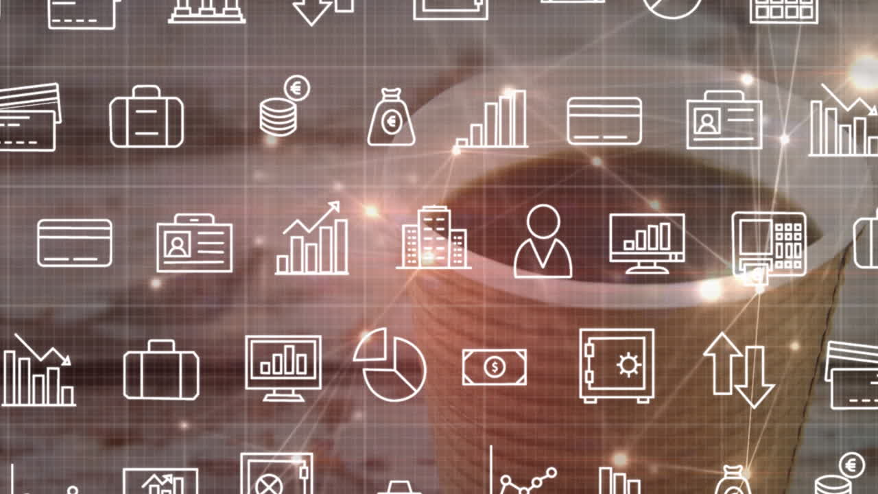 animación de iconos en todo el mundo con red de conexiones y café