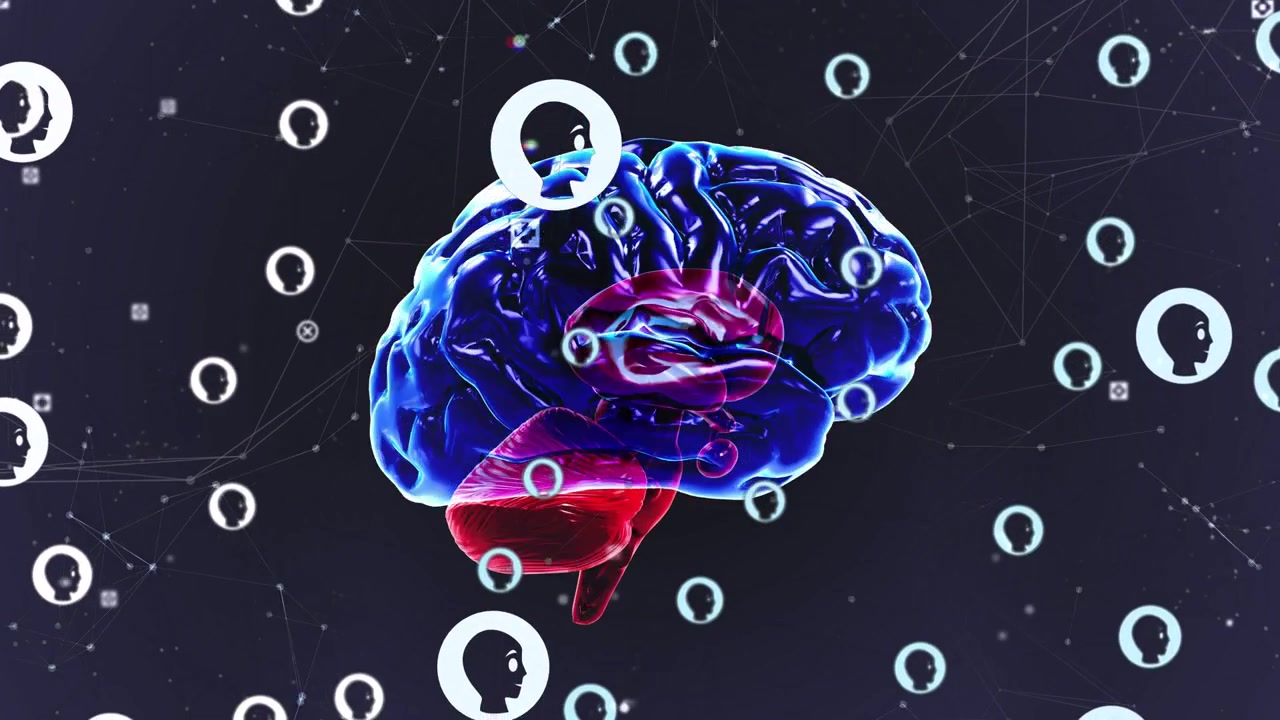 On start, 3D brain rotating, tilting while head icons orbiting, network pulsing showing connection