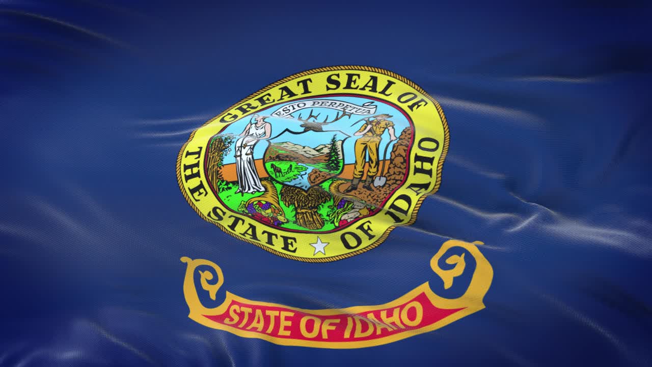 Idaho (U.S. state) flag waving in the wind with highly detailed fabric texture. Seamless loop