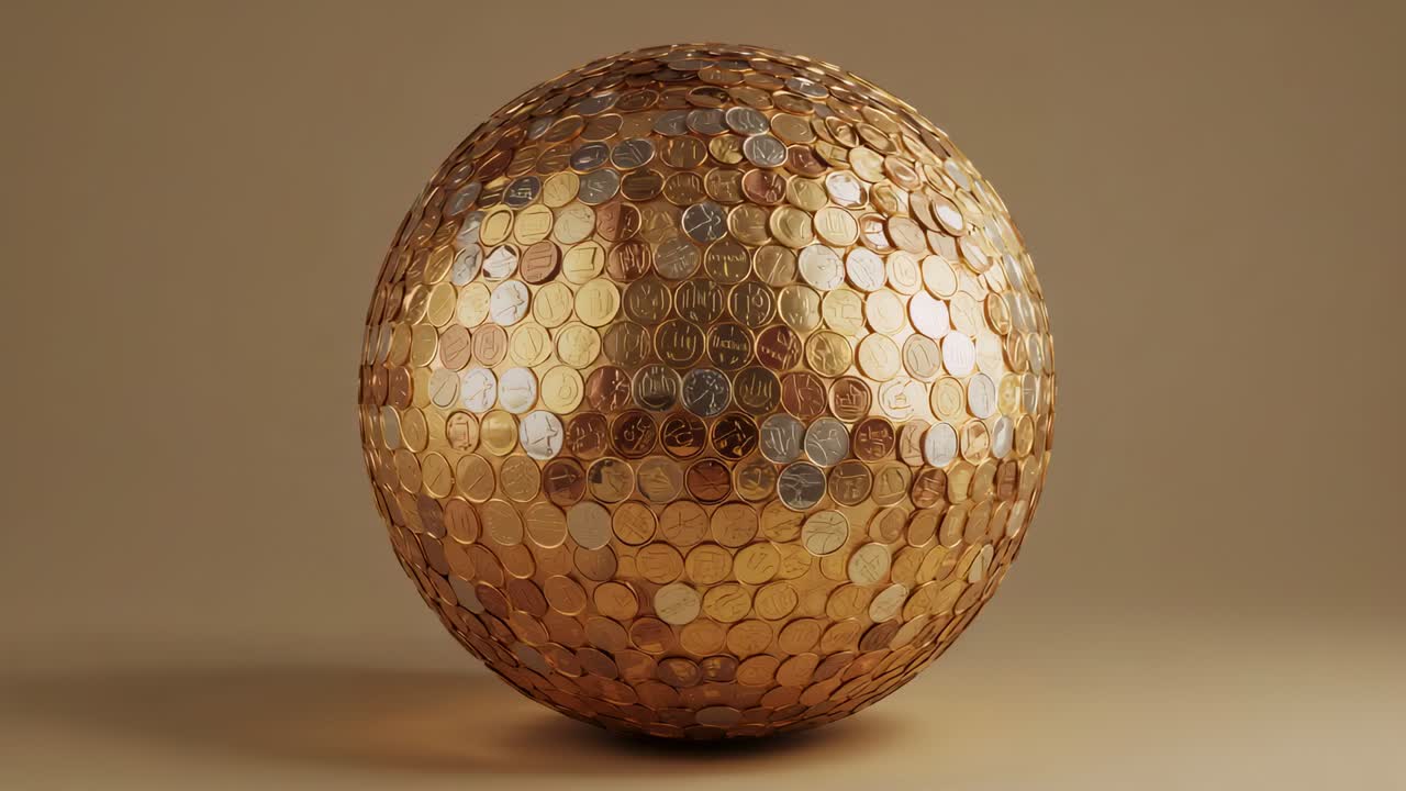 Rotating metallic sphere starting rotation at first frame on beige floor, revealing coin-like discs