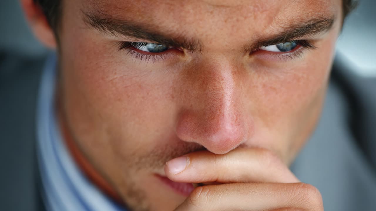 Intense Contemplation: A Close-Up of a Thoughtful Individual Lost in Deep Reflection, Capturing a Moment of Seriousness and Intricate Emotion