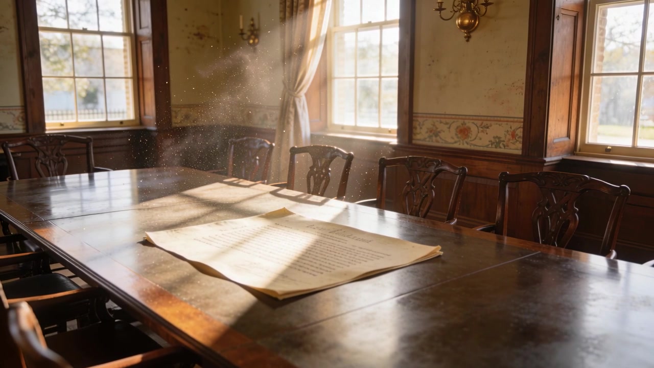 Folded sheet lying on polished wooden table in dining room, sunlight shifting with sun moving