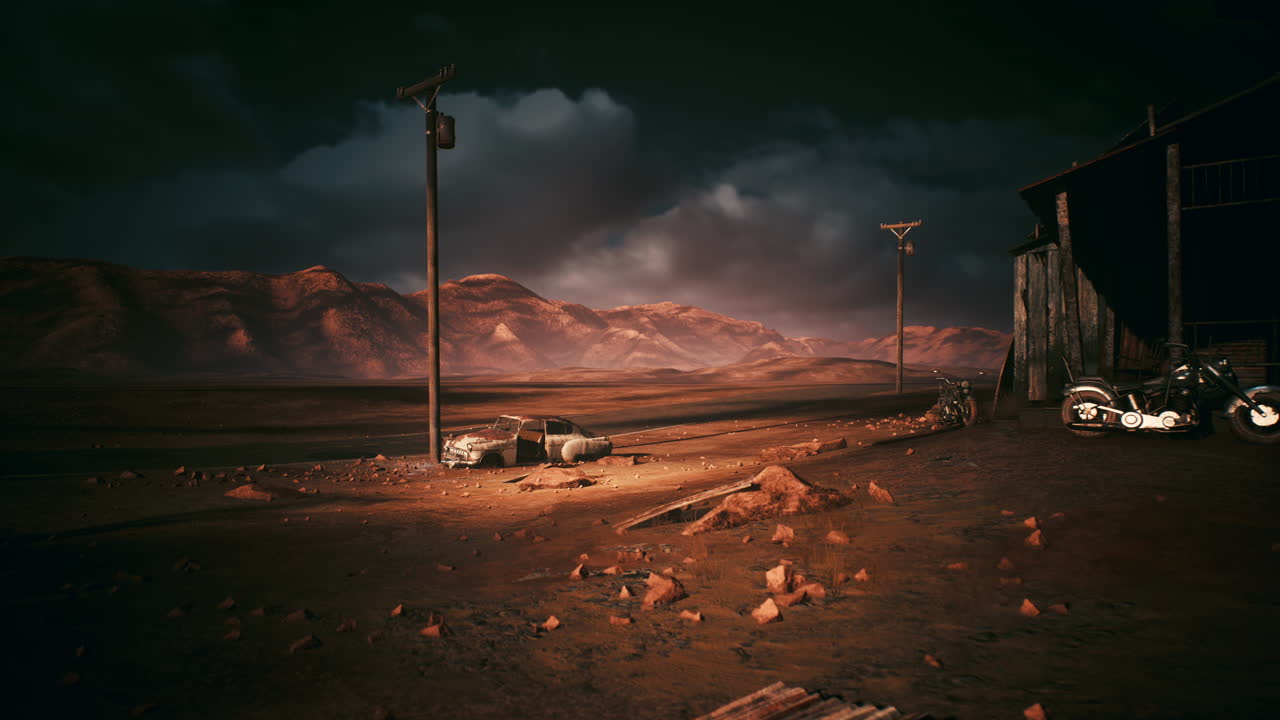 Un insediamento abbandonato al crepuscolo con terreno desolato e cielo tempestoso