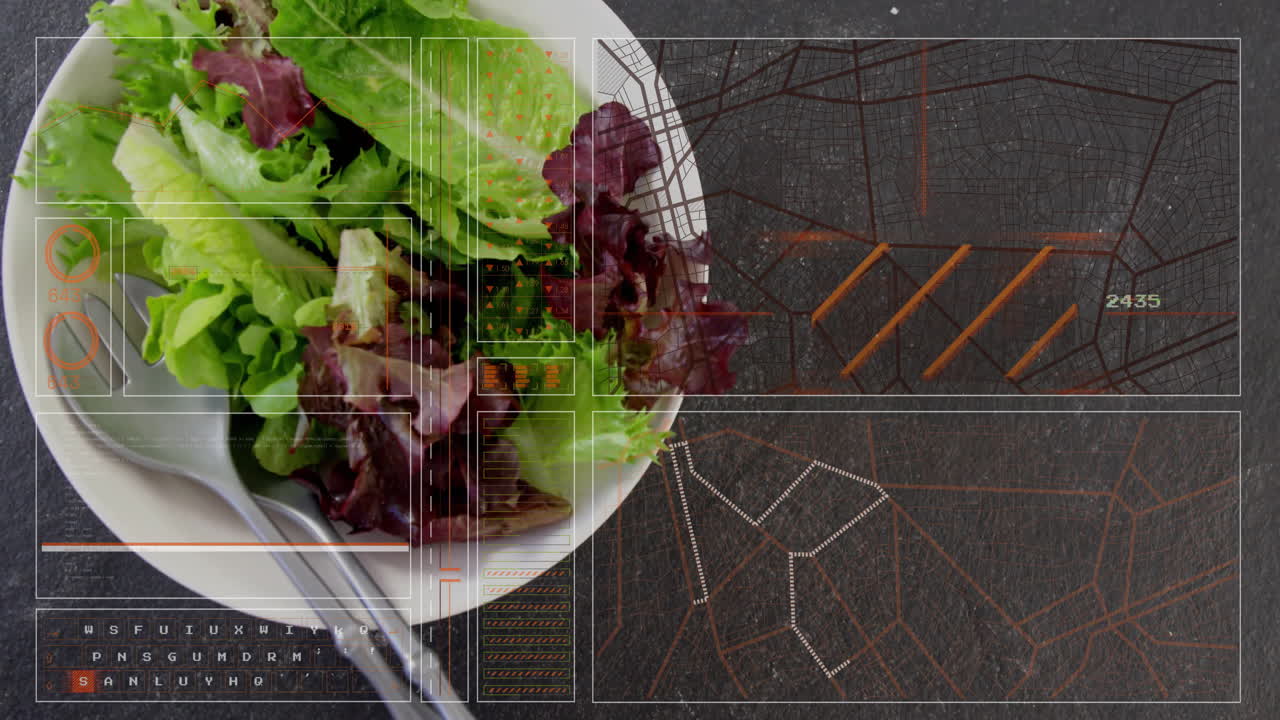 Fresh salad on plate with digital data processing animation overlay