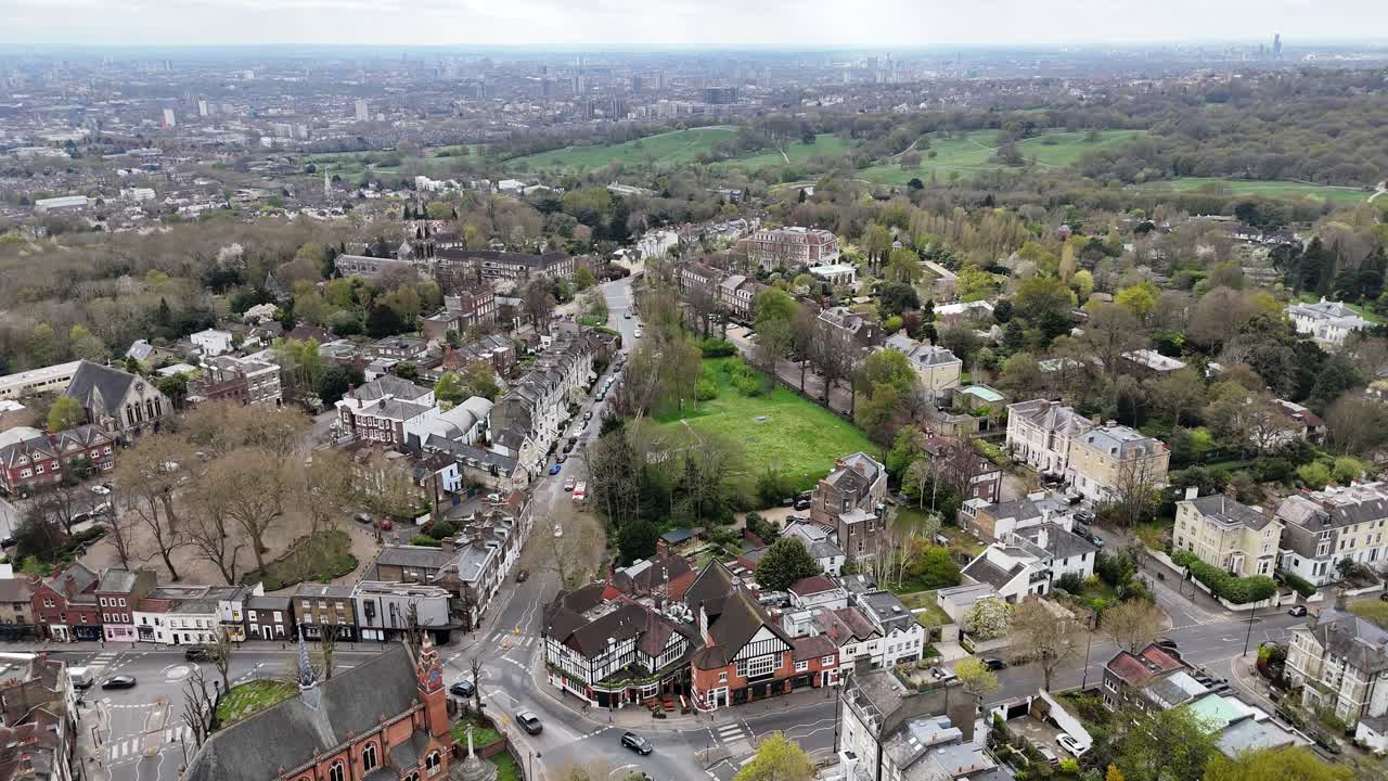 Highgate North London UK drone, aerial Hampstead heath in background