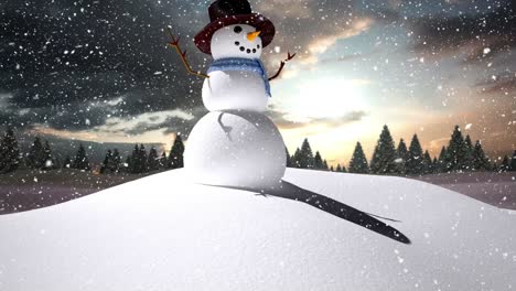 Snow-falling-over-snowman-on-winter-landscape-against-clouds-in-the-sky
