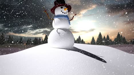 snow falling over snowman on winter landscape against clouds in the sky